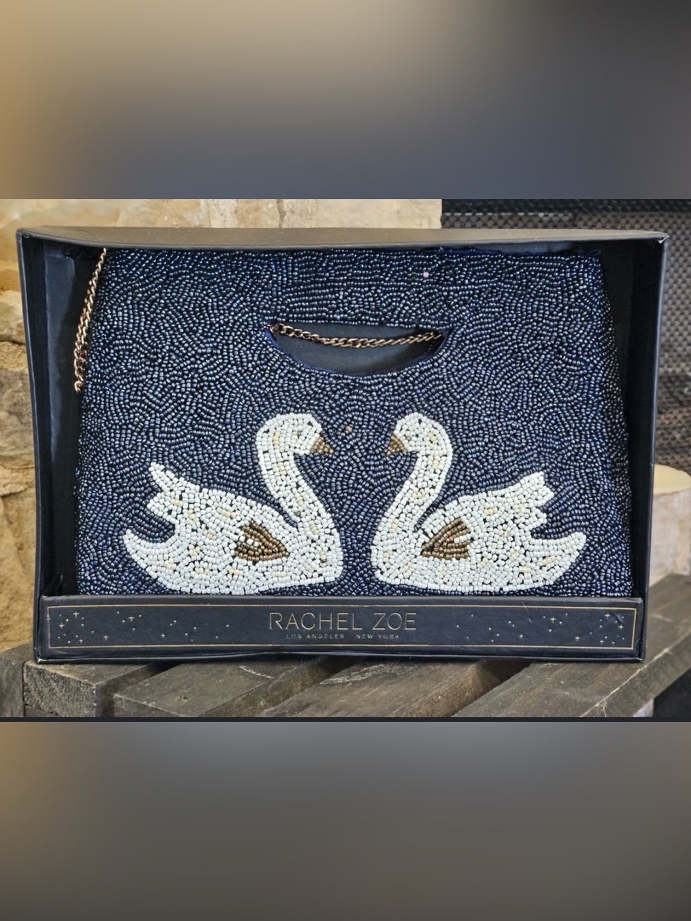 Nwt Rachel Zoe Beaded Swan Clutch Bag in Navy Blue and White Gold - Picture 3 of 3
